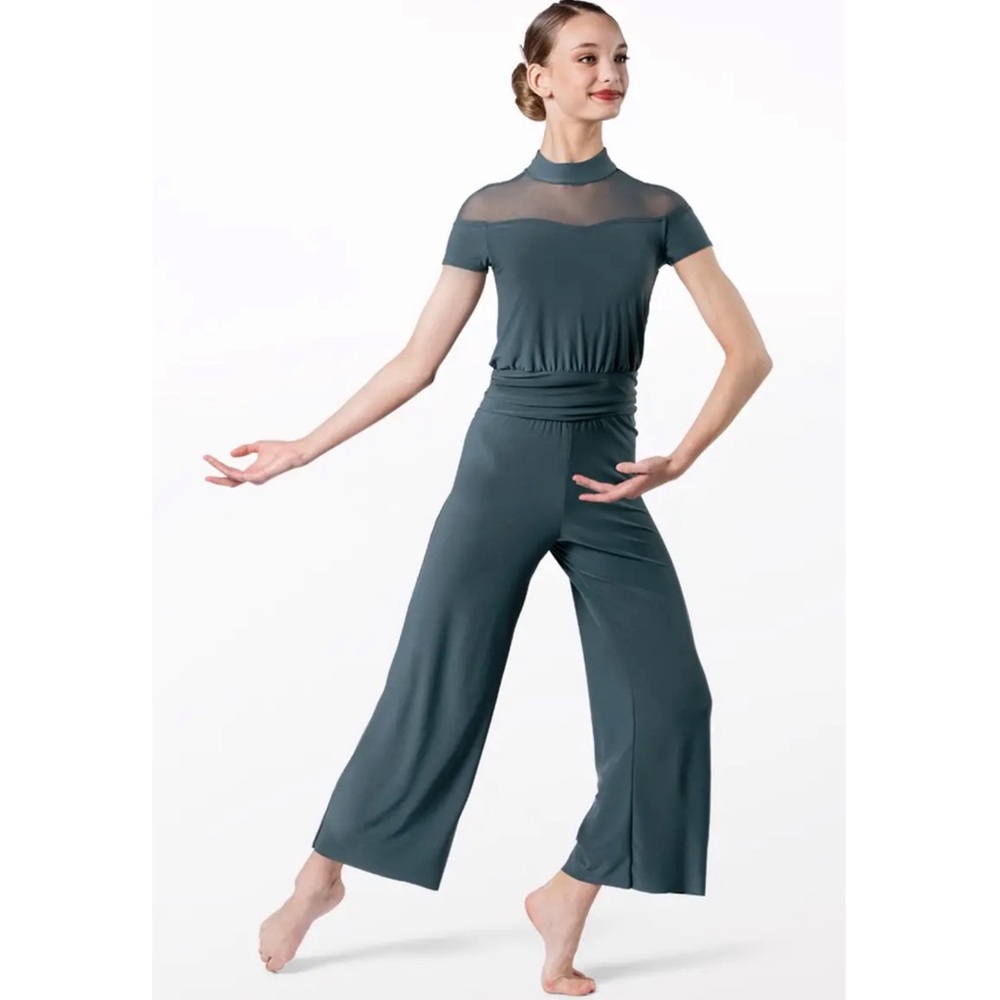 Weissman Teal Mesh-Top Dance Jumpsuit